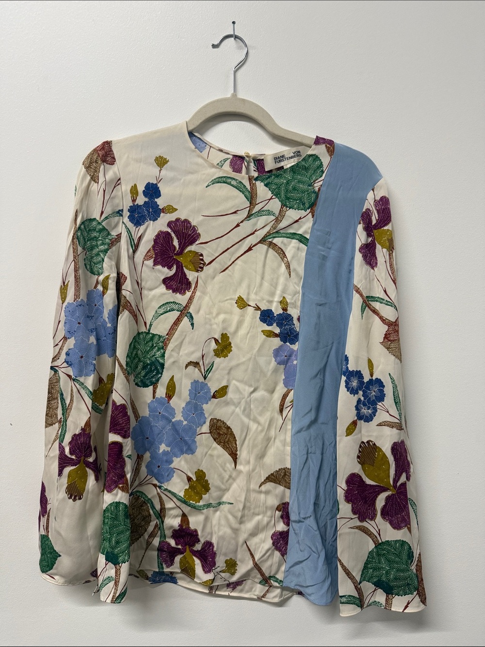 Diane Von Furstenberg Cream Floral Long-Sleeve Top with Blue Panel